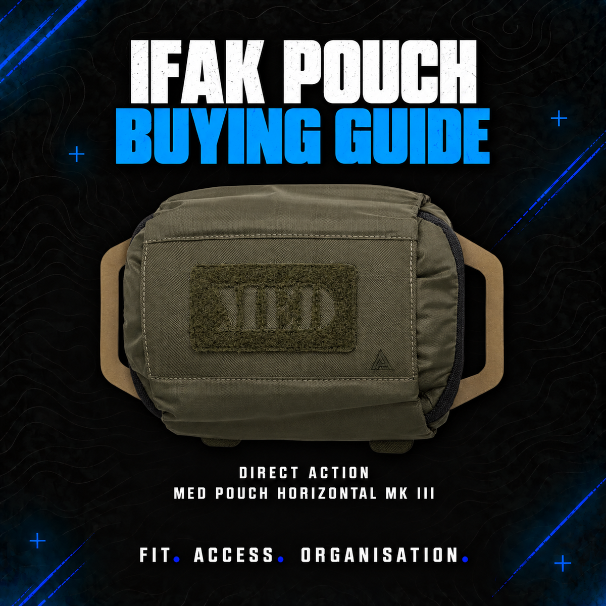 Direct Action MED Pouch Horizontal MK III in olive green with side pull handles, illustrating IFAK pouch fit, access and organisation.