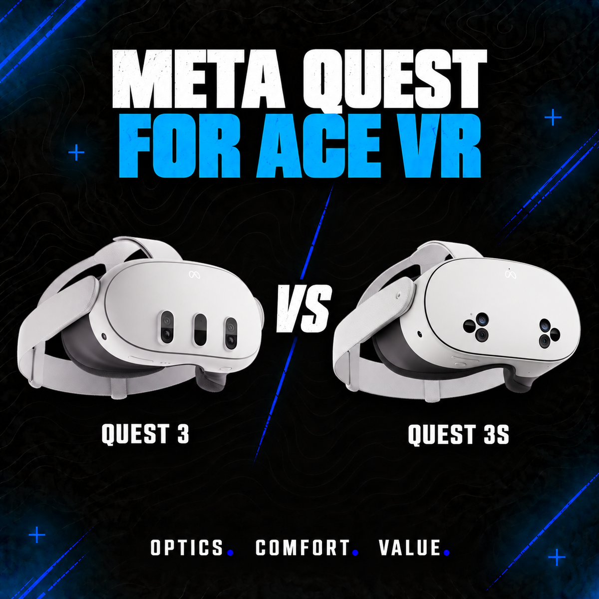 Meta Quest 3 and Meta Quest 3S headsets side by side, comparing headset options for ACE VR.