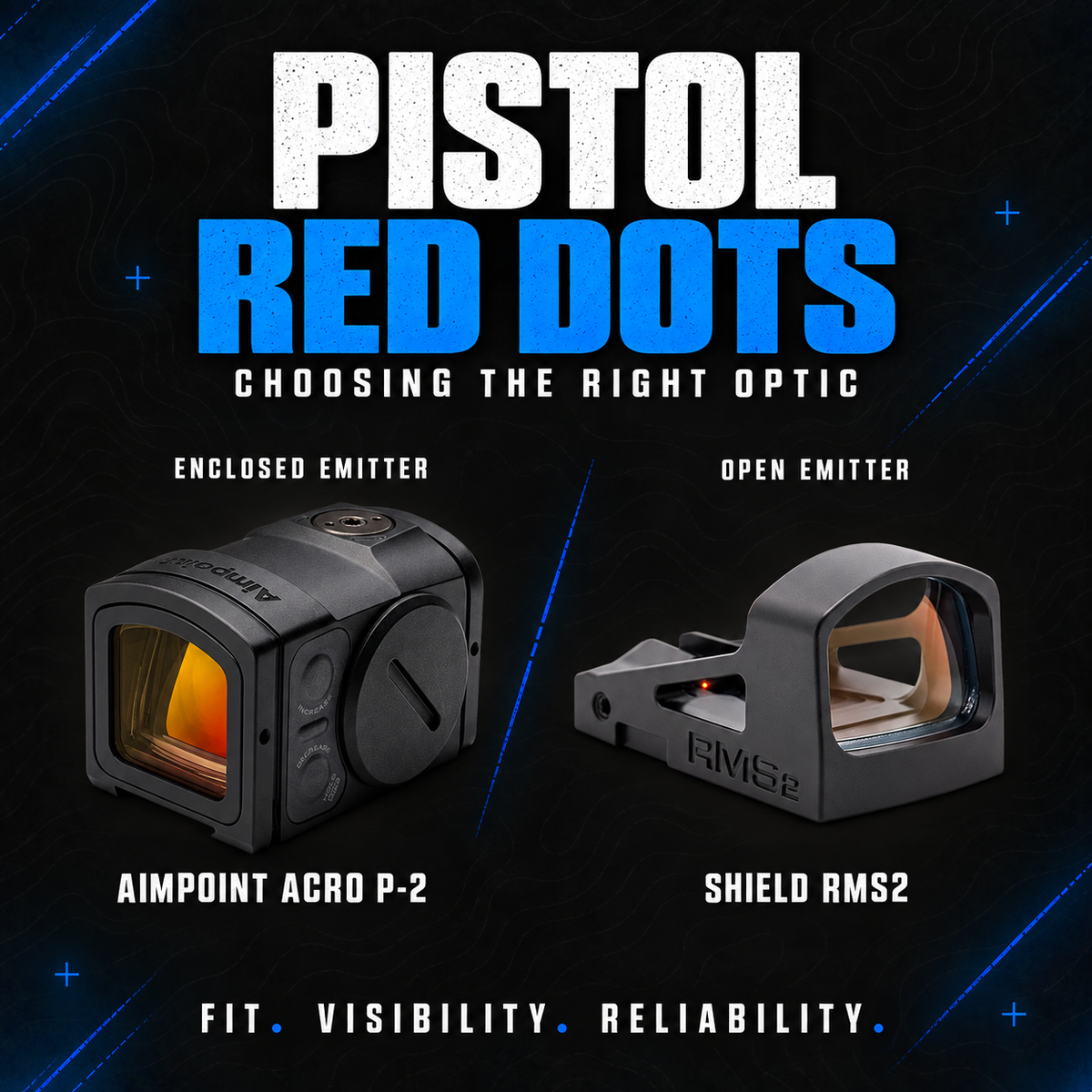 Aimpoint ACRO P-2 enclosed-emitter and Shield RMS2 open-emitter pistol red dot sights side by side.