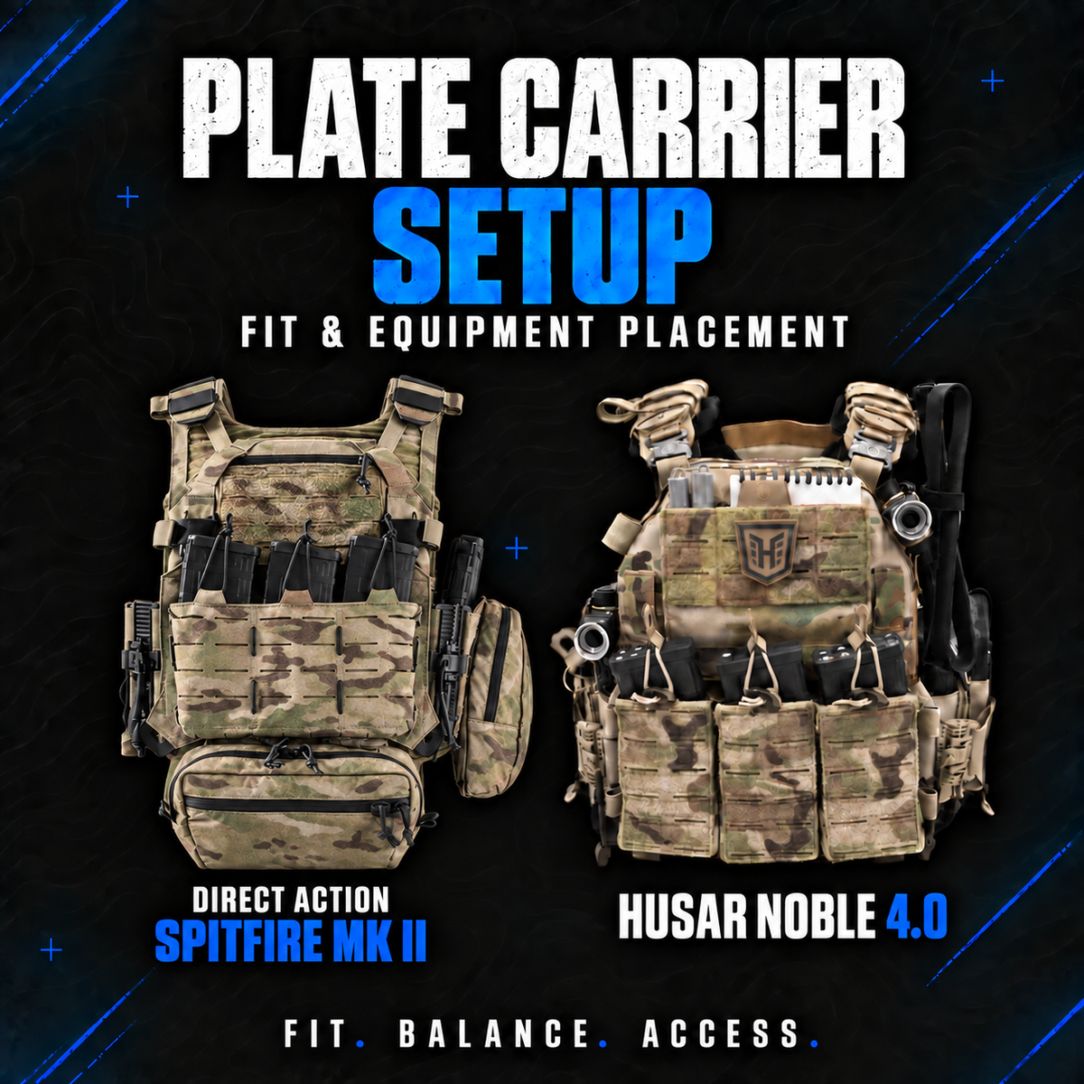 Direct Action SPITFIRE MK II and Husar Noble 4.0 plate carriers with pouches in Multicam, illustrating plate carrier fit and equipment placement.