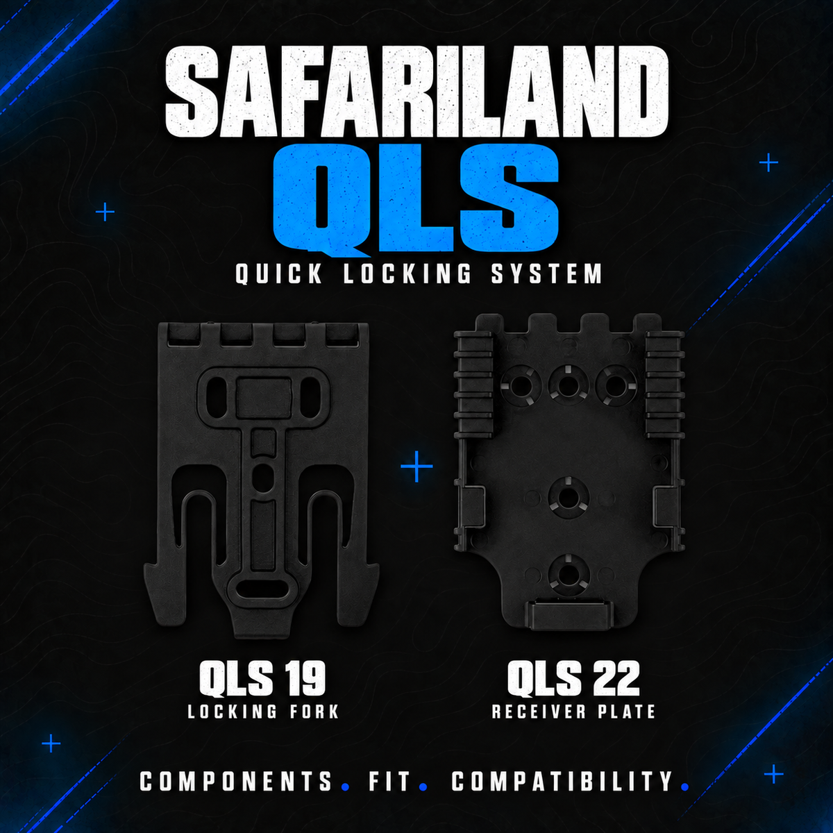 Safariland QLS 19 locking fork and QLS 22 receiver plate shown side by side as the two components of the Quick Locking System.