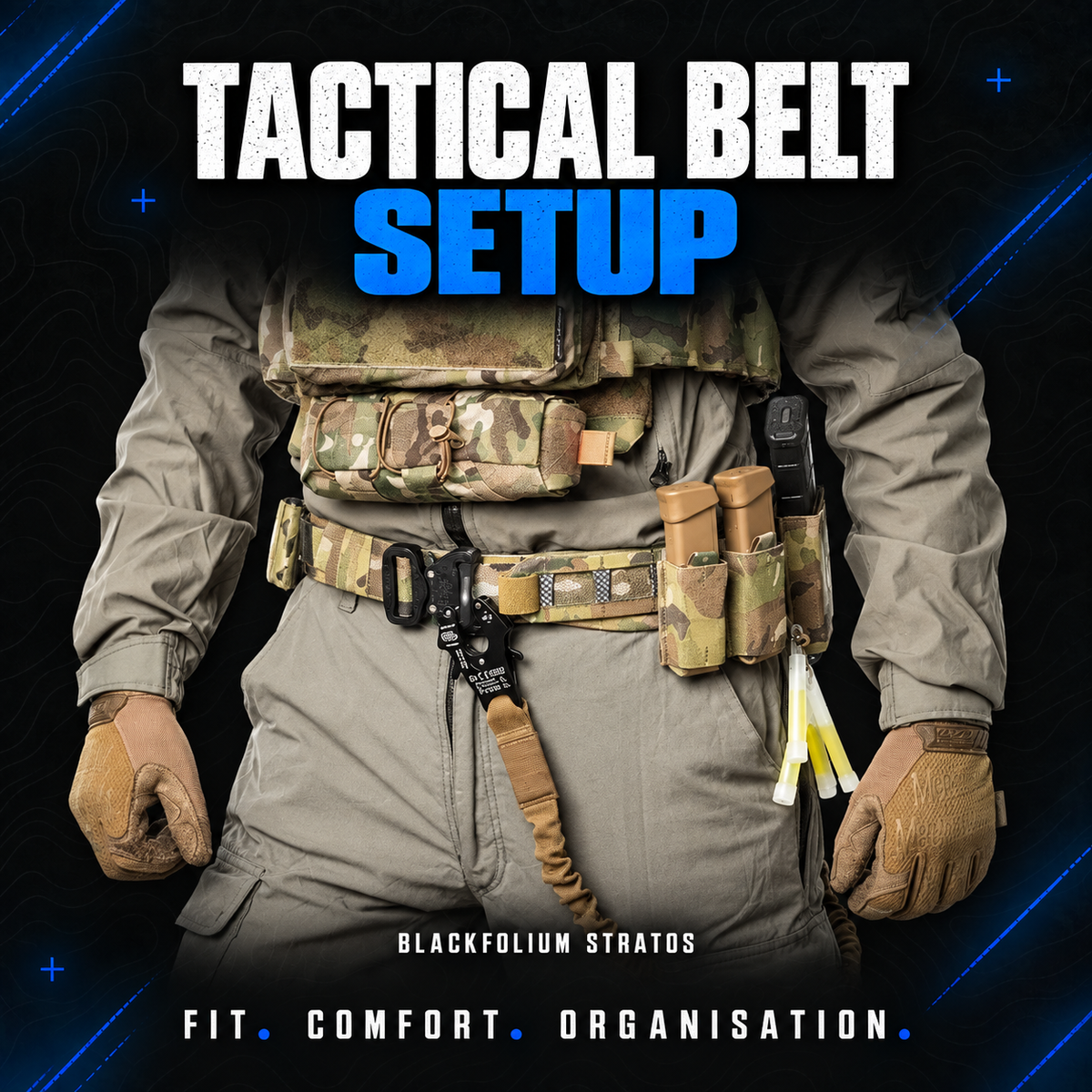 Front view of a worn Blackfolium STRATOS tactical belt with attached magazine pouches and equipment.