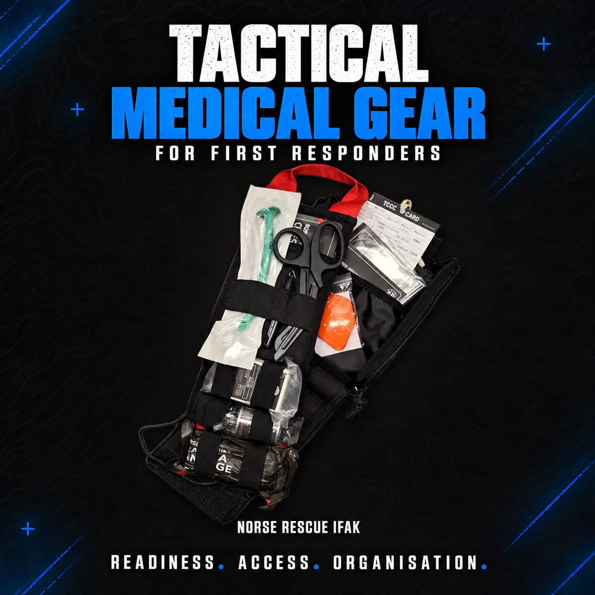 Open Norse Rescue IFAK with trauma shears and organised medical supplies for first responders.
