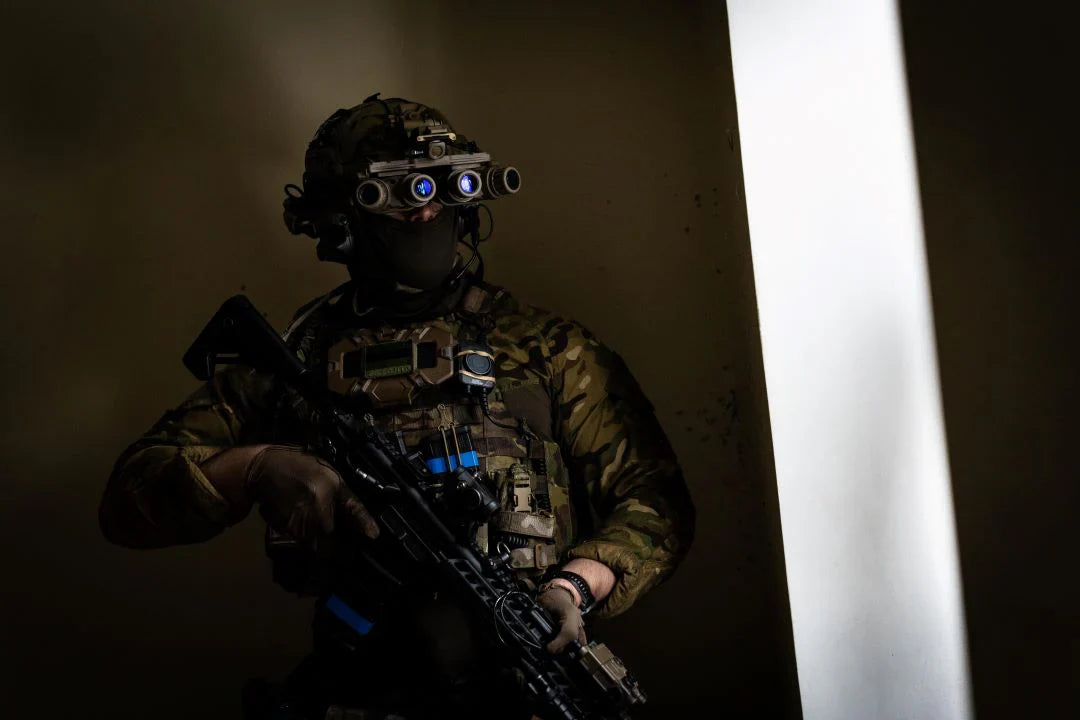 Soldier wearing ballistic equipment