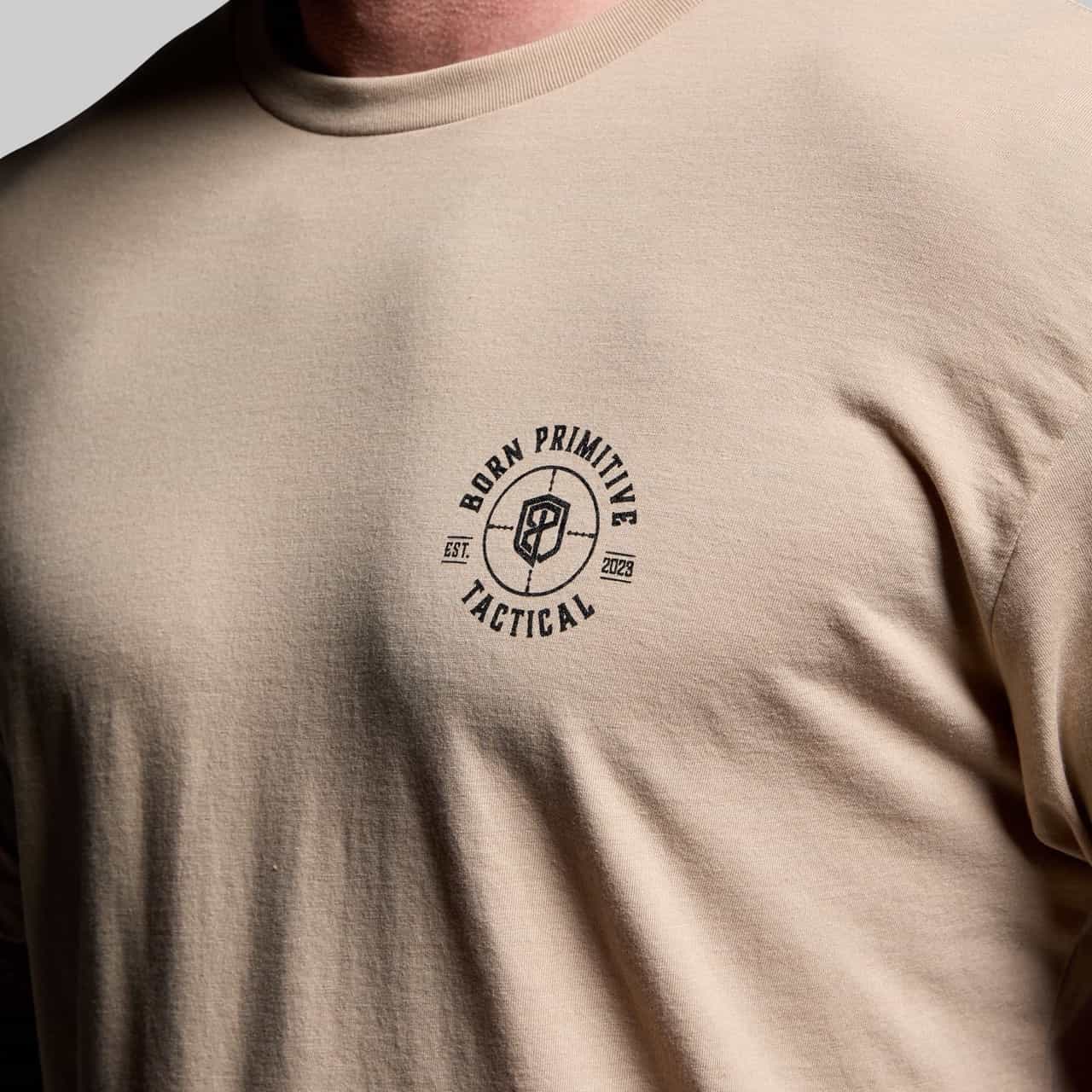 Beige t-shirt with a logo on the chest
