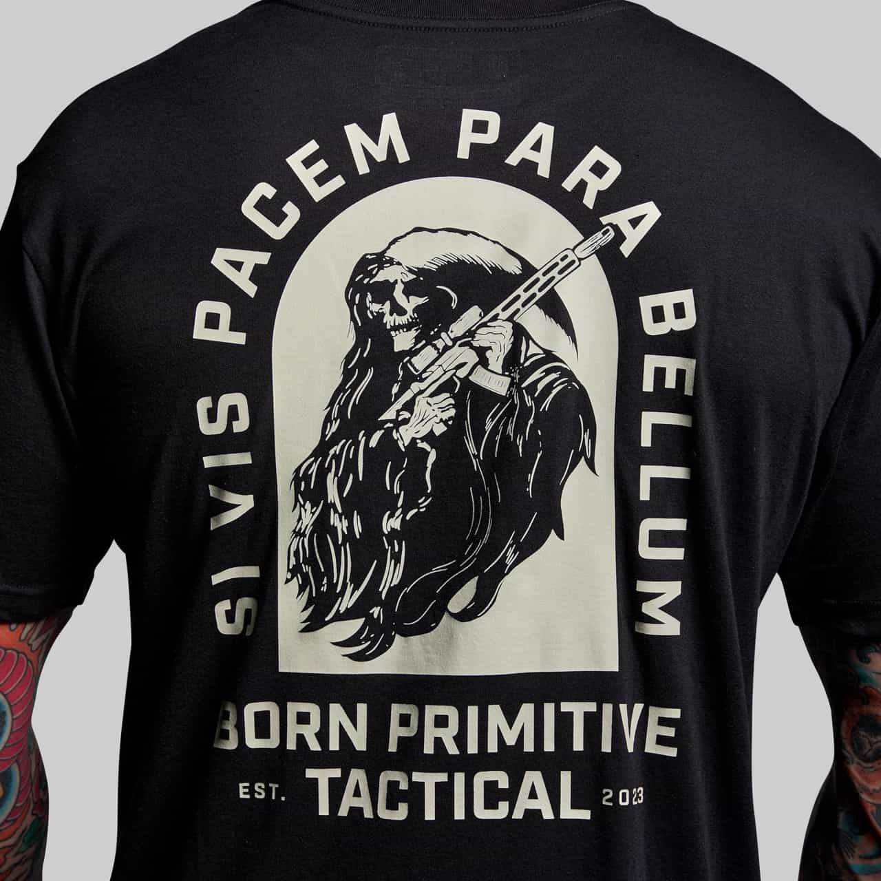 Black t-shirt with a graphic design and text on the back, featuring a skeleton holding a rifle.