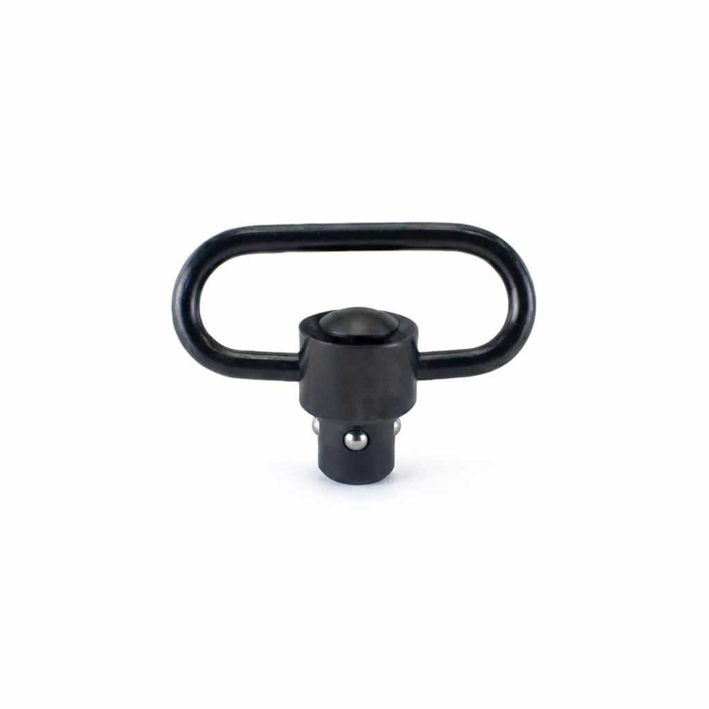 Black metal QD (Quick Detach) sling swivel on a white background