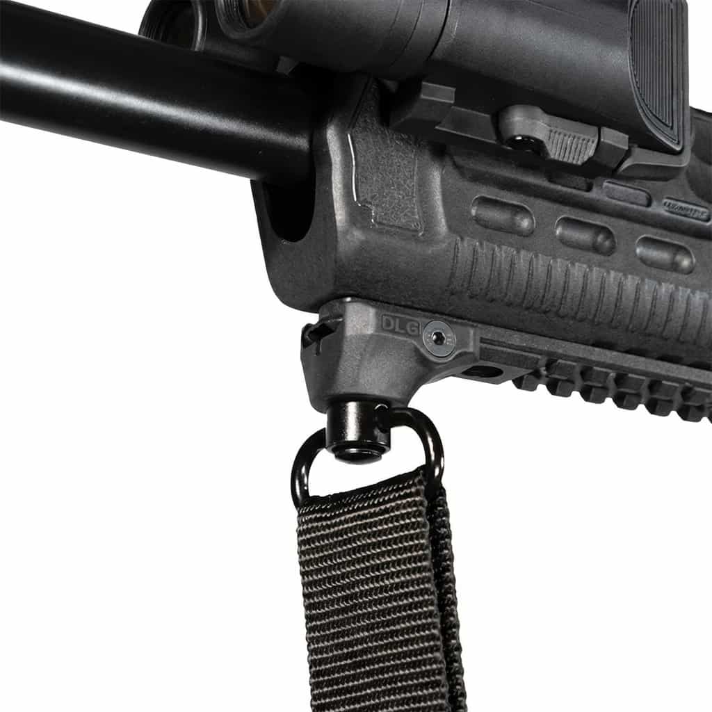 Black rifle with a sling attachment on a white background