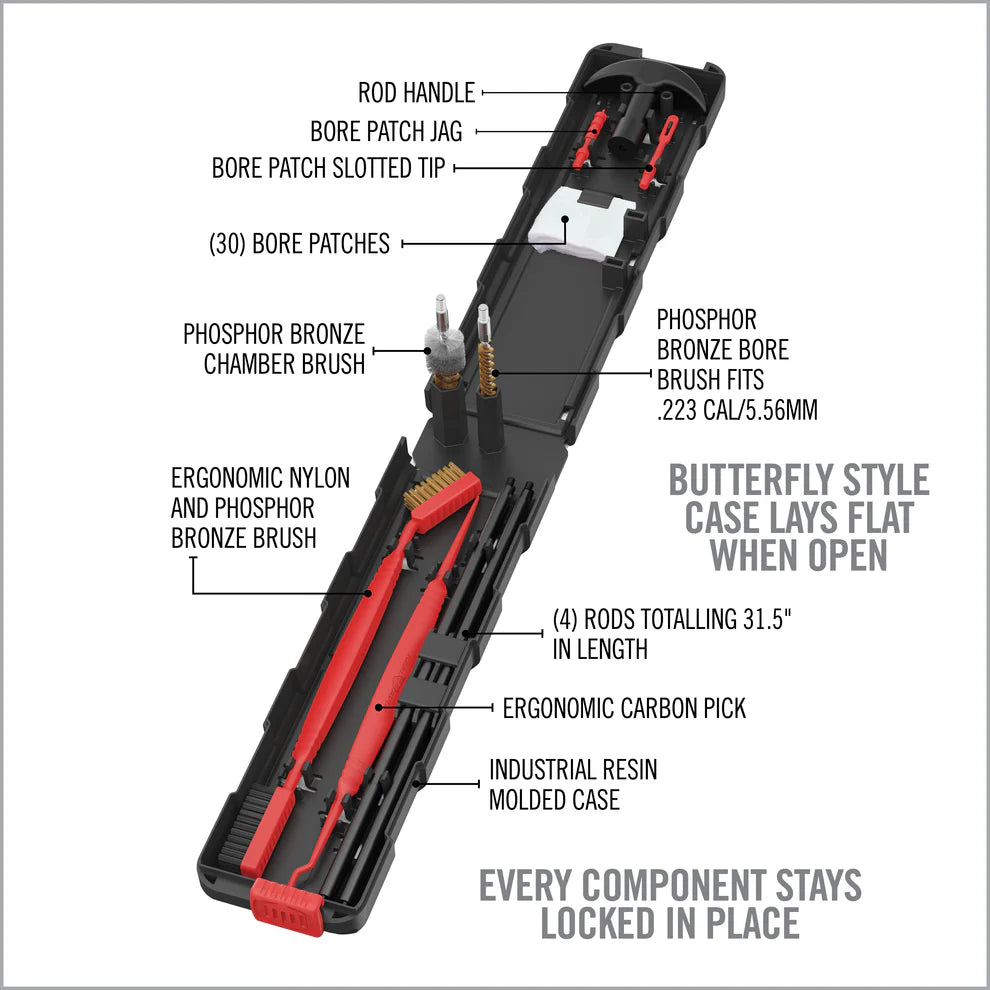 Detailed diagram of a Real Avid Prime-223 Cleaning Kit with labeled components on a white background