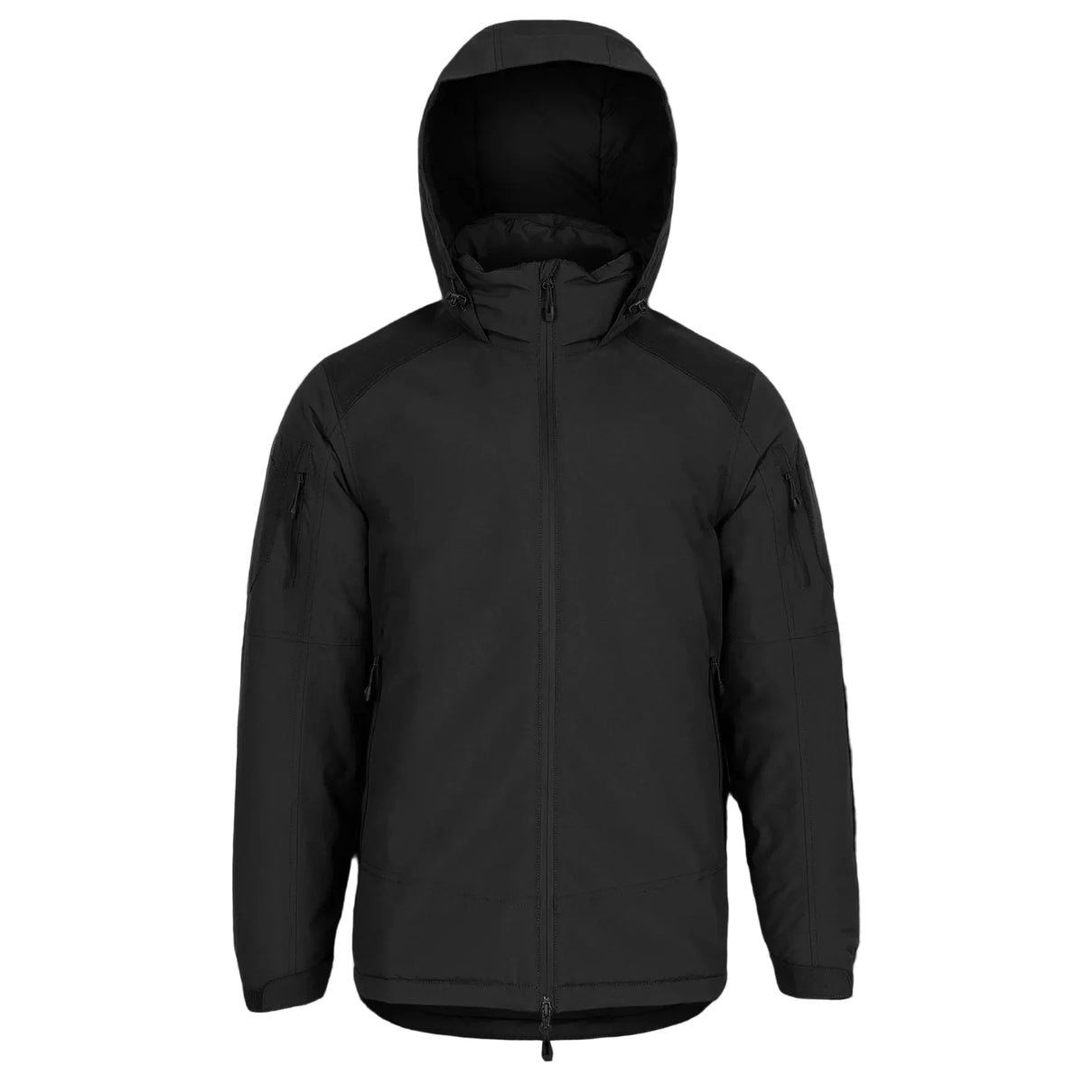 STOIRM Primaloft® Cold Weather Jacket in Black – front view with hood