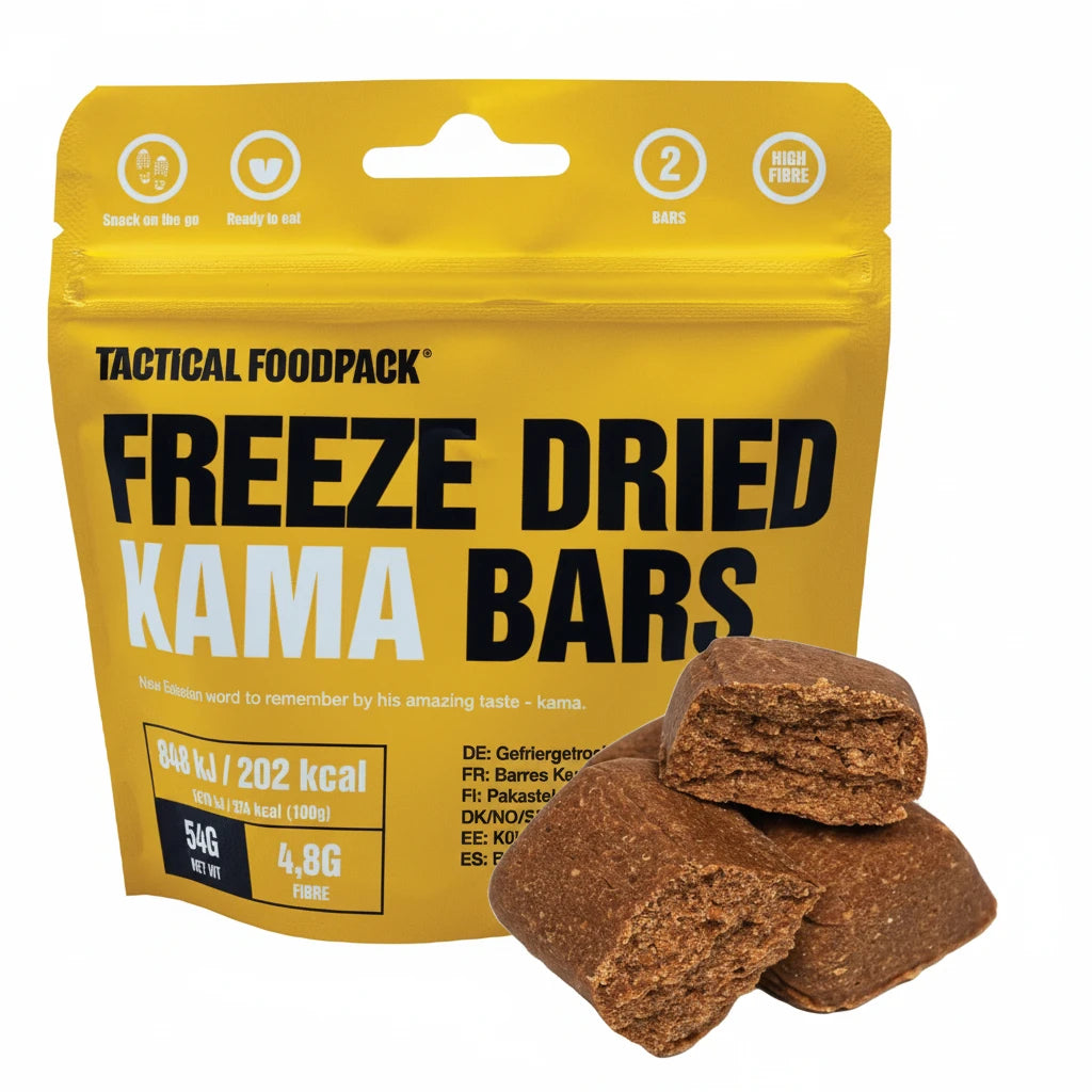 Yellow package of Tactical Foodpack Freeze Dried Kama Bars with three bars in front.