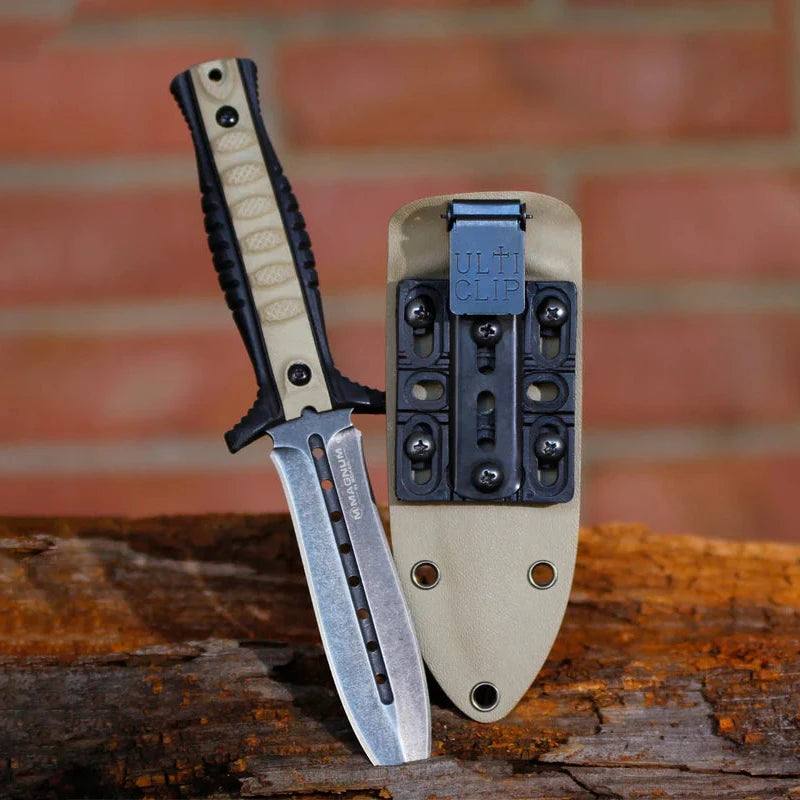 Knife with sheath and Ulticlip 3+ Attachment Clip close up