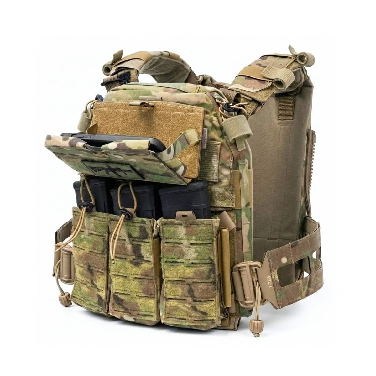 Panneltac ATAK Holder Low Profile Tactical MOLLE Phone Mount on the plate carrier and opened case view in multicam color