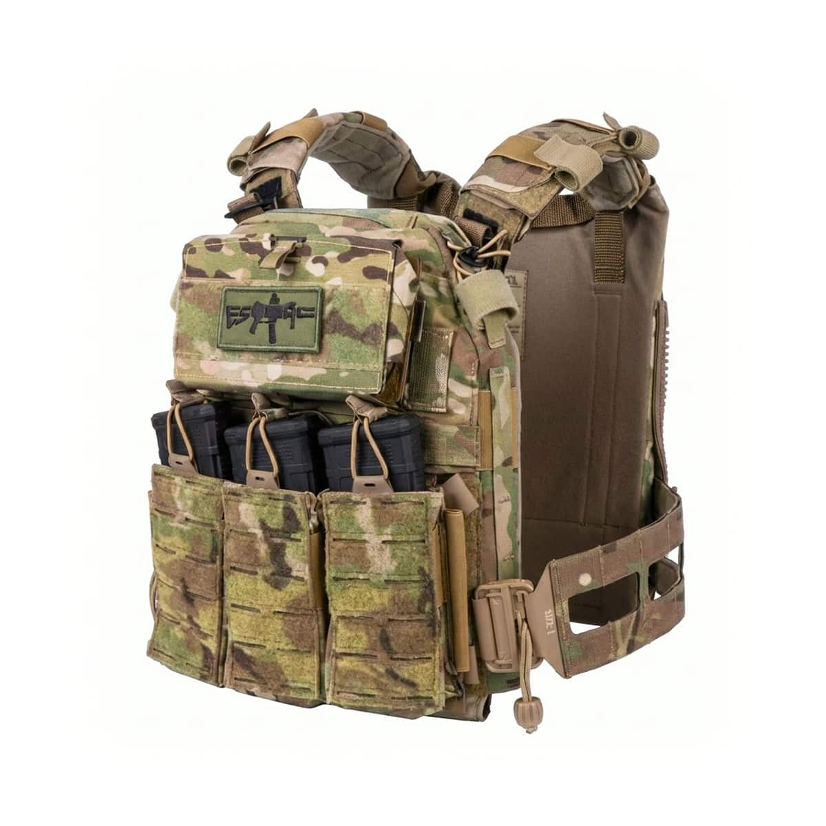 Panneltac ATAK Holder Low Profile Tactical MOLLE Phone Mount on the plate carrier and closed case view in multicam color