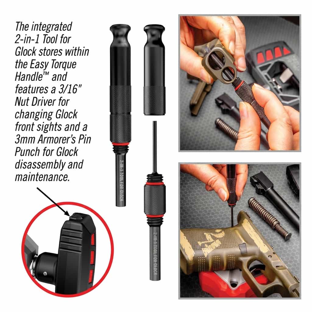 Real Avid Sight pusher tool for Glock with Integrated 2-in-1 tool for Glock with text description and close-up images of usage.
