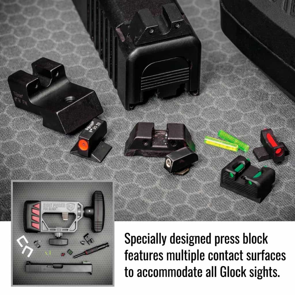 Real Avid Sight pusher tool for Glock with a close-up Collection of black gun sights on a textured gray surface with text describing their features.