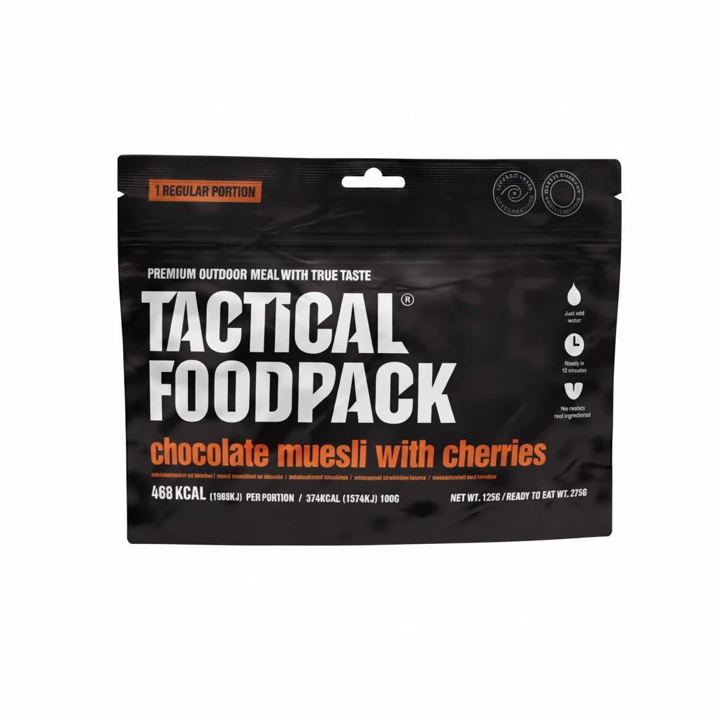 Tactical Foodpack chocolate muesli with cherries package on a white background