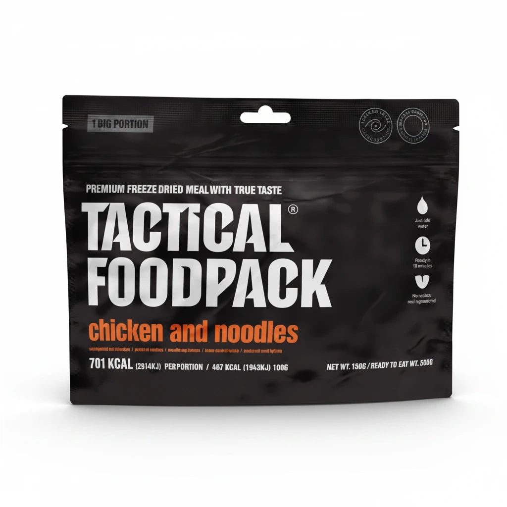 Tactical Foodpack chicken and noodles meal package on a white background