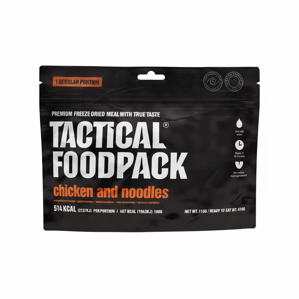 Tactical Foodpack chicken and noodles freeze-dried meal package on a white background