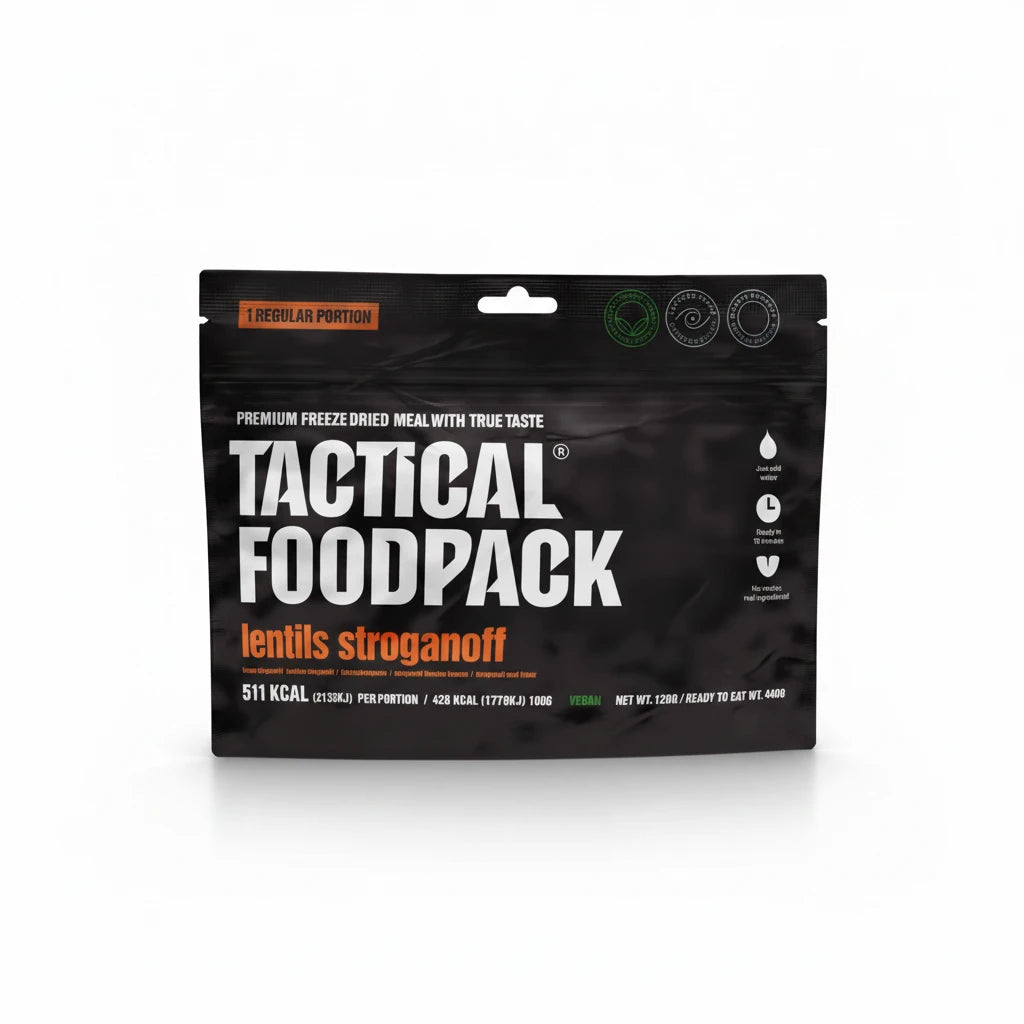 Tactical Foodpack lentils stroganoff package on a white background