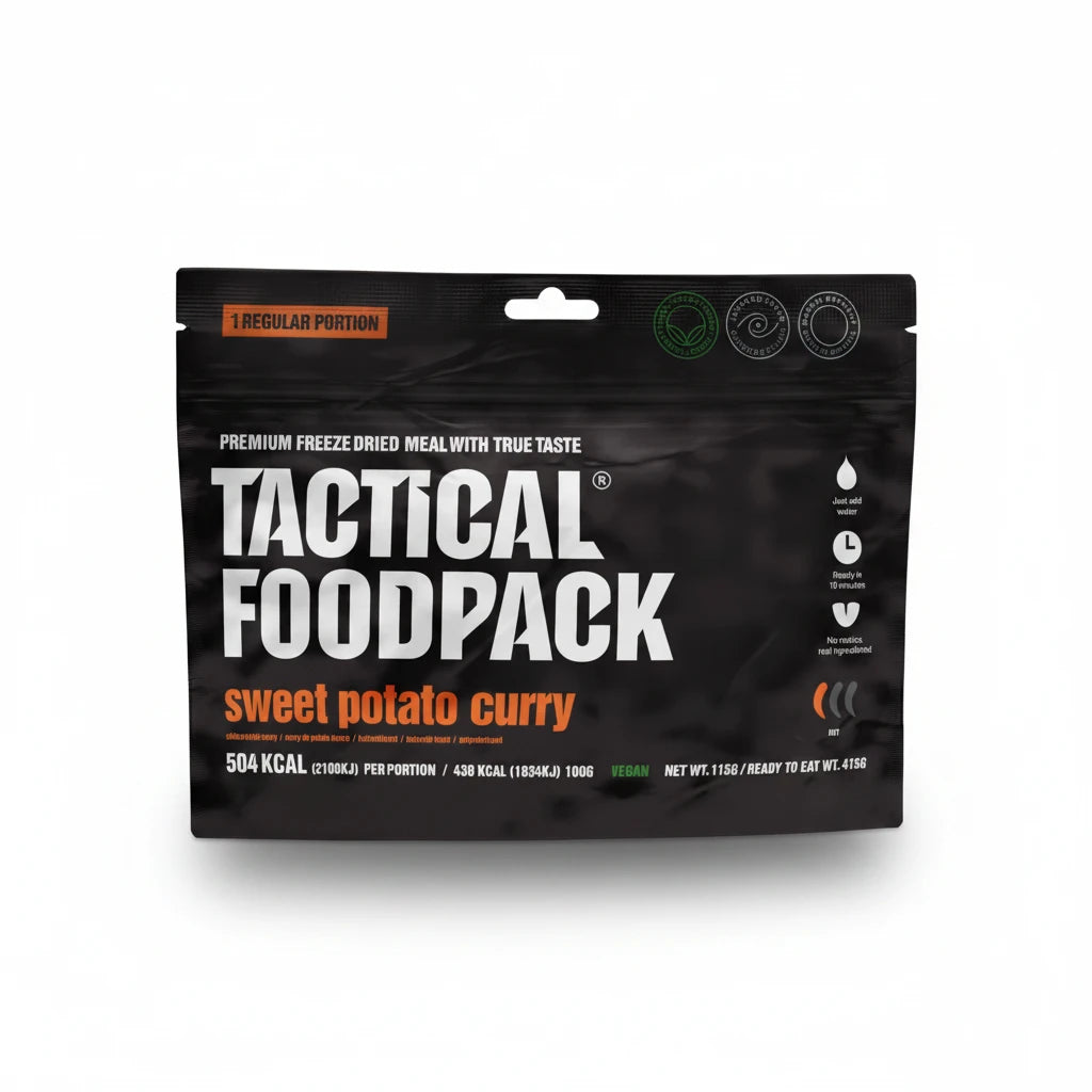 Tactical Foodpack sweet potato curry meal package on a white background