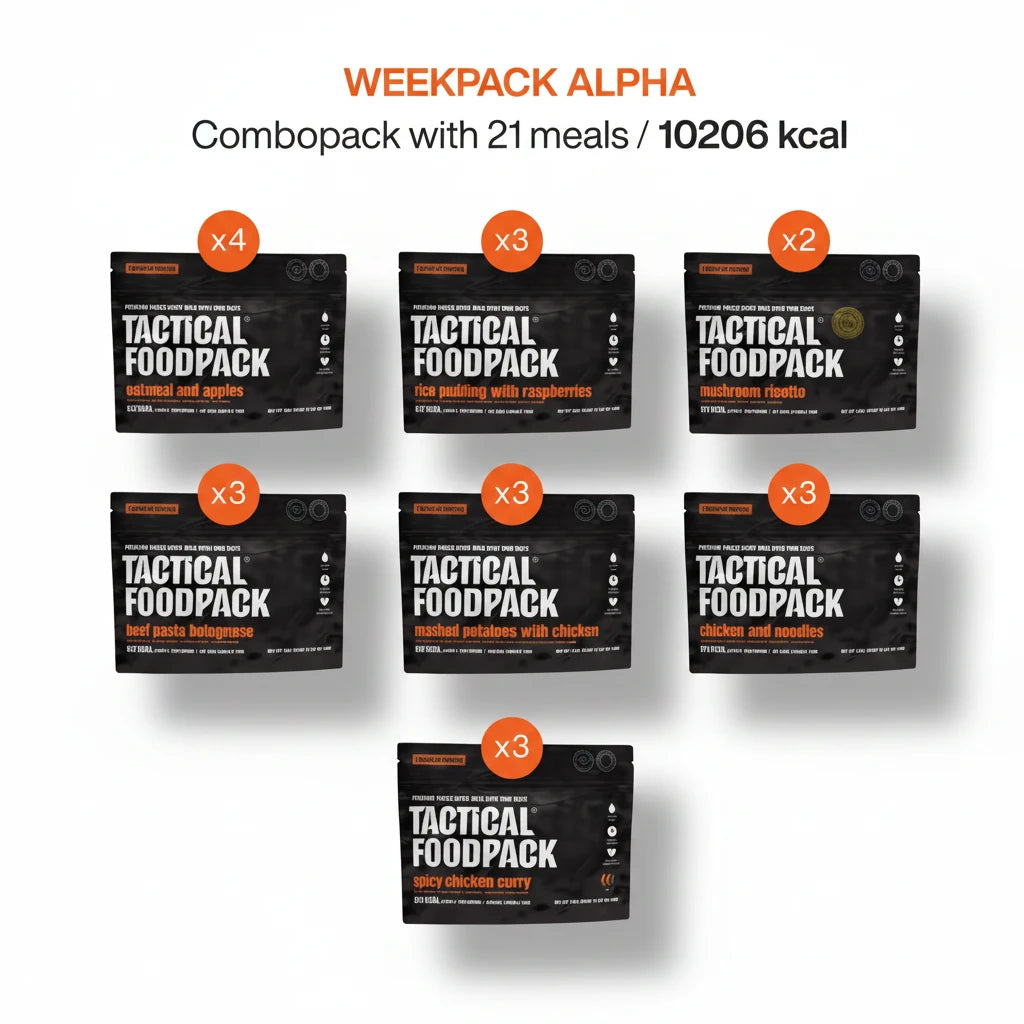 Tactical Foodpack combopack with 21 meals on a dark background