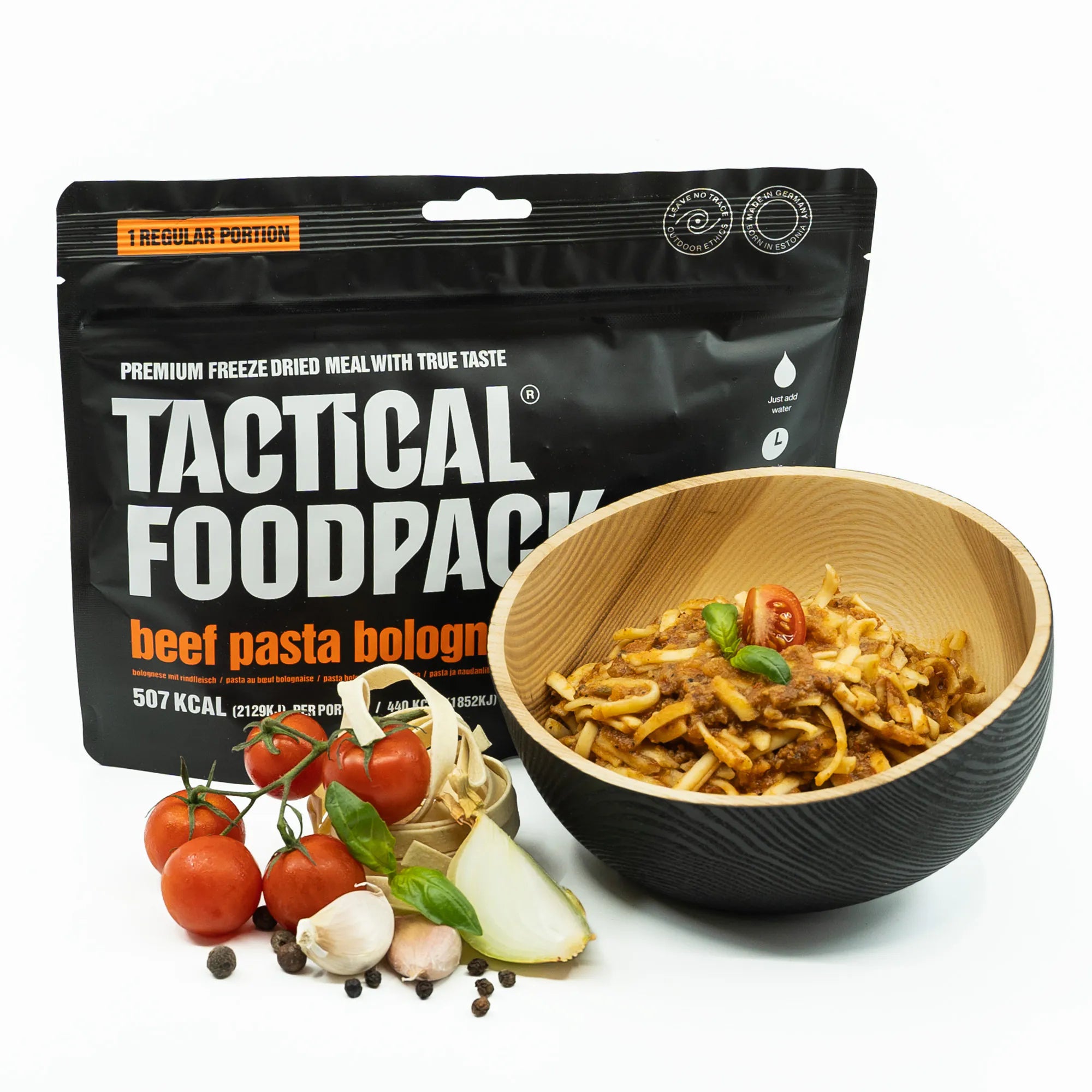 Tactical Foodpack beef pasta bolognese packaging with a bowl of pasta and ingredients on a white background