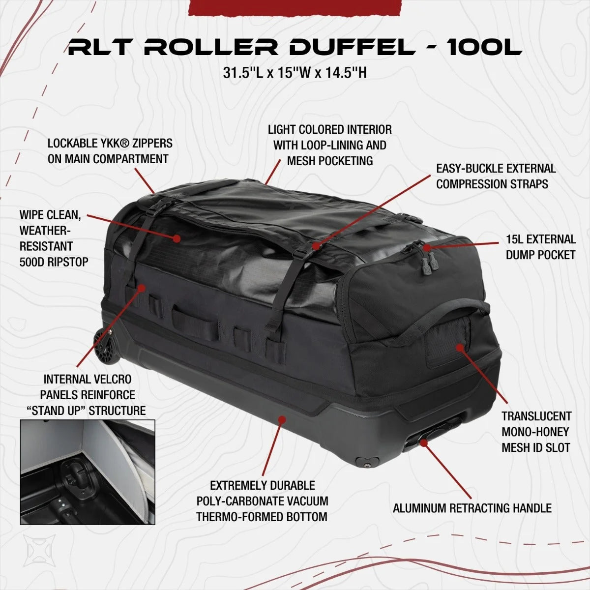 Vertx RLT 100L Duffel Bag Roller features