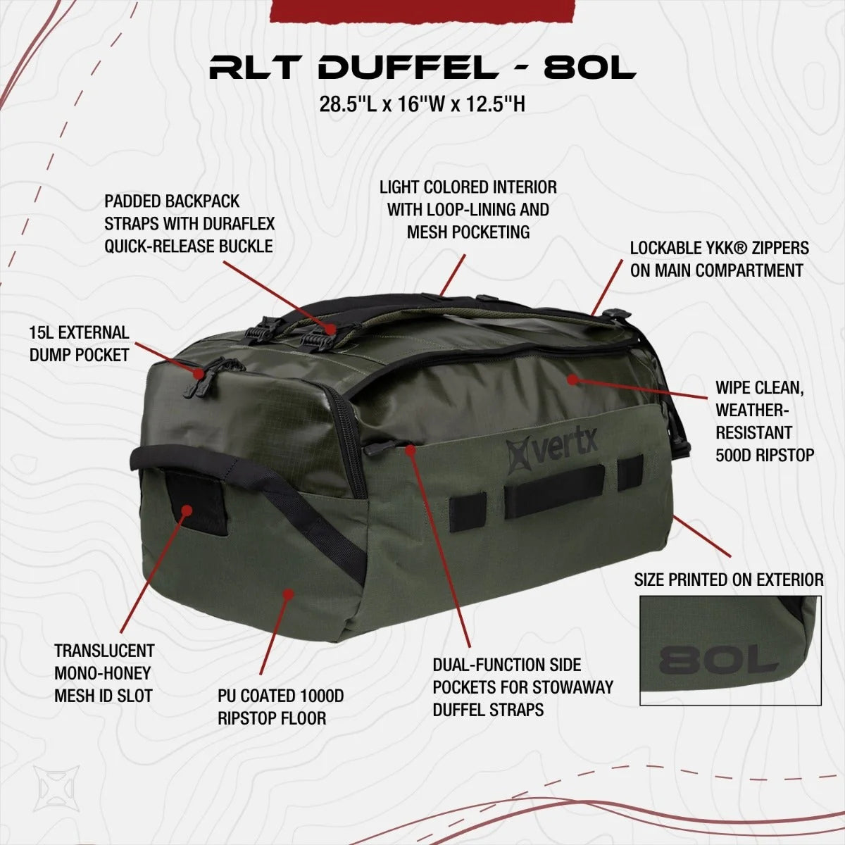 Vertx RLT 80L Duffel Bag features