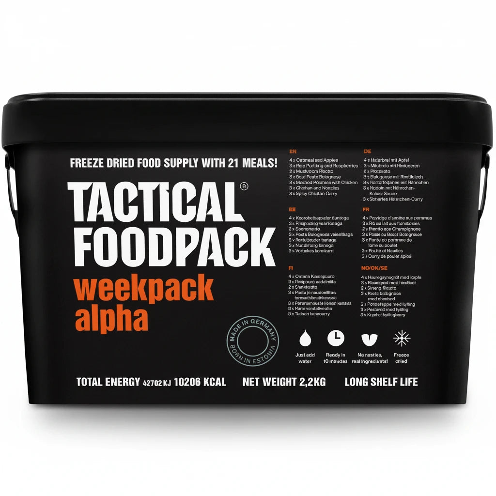 Black container of Tactical Foodpack weekpack alpha with text and icons on a white background