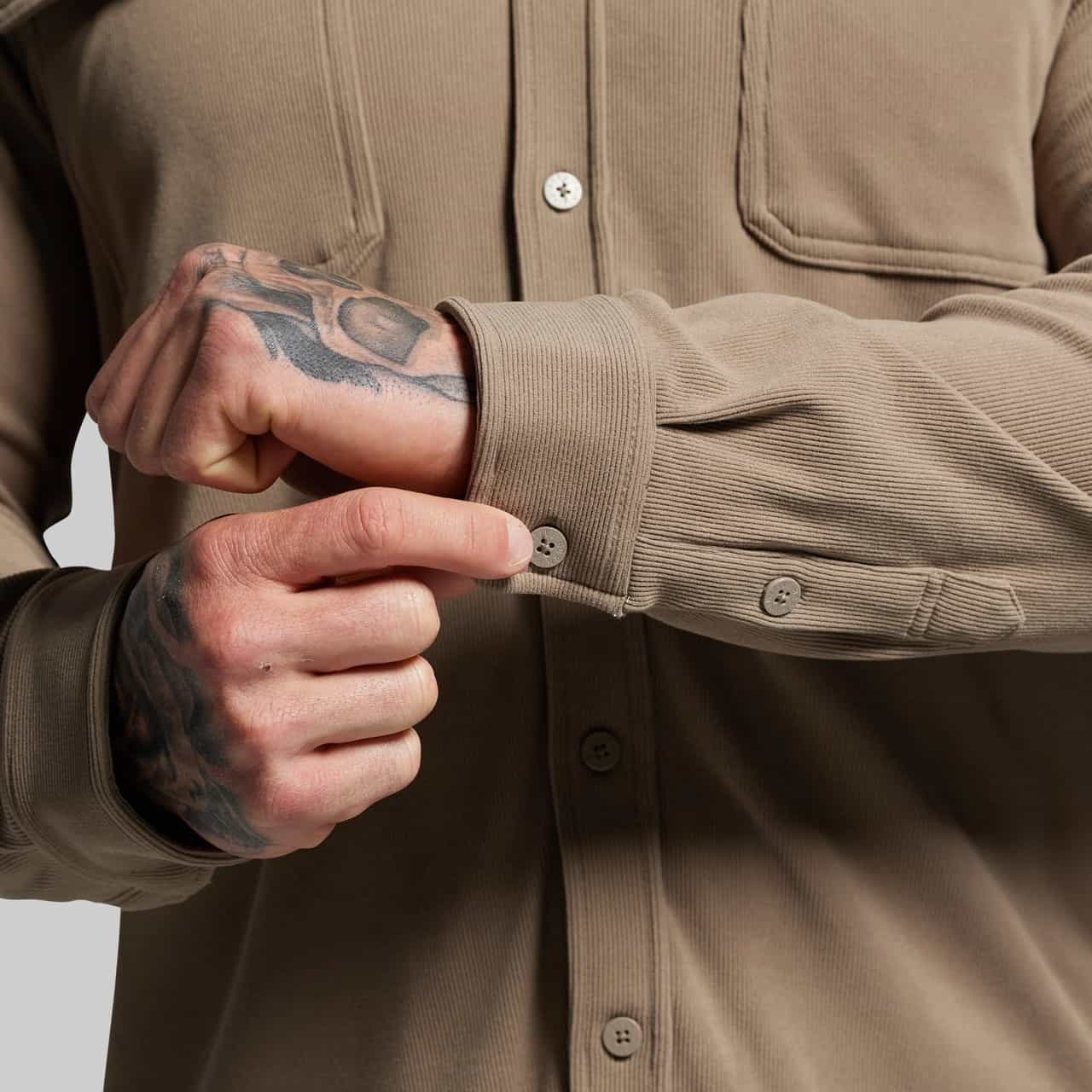 Born Primitive Woodsman Stretchy Corduroy desert tan rolled sleeve detail