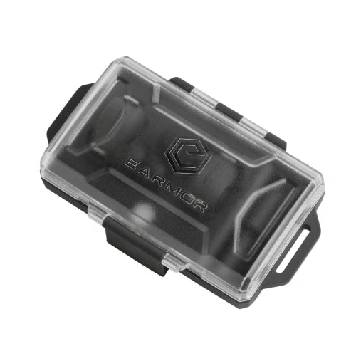 EARMOR M23T AI charging case with closed transparent lid in Tactical Black