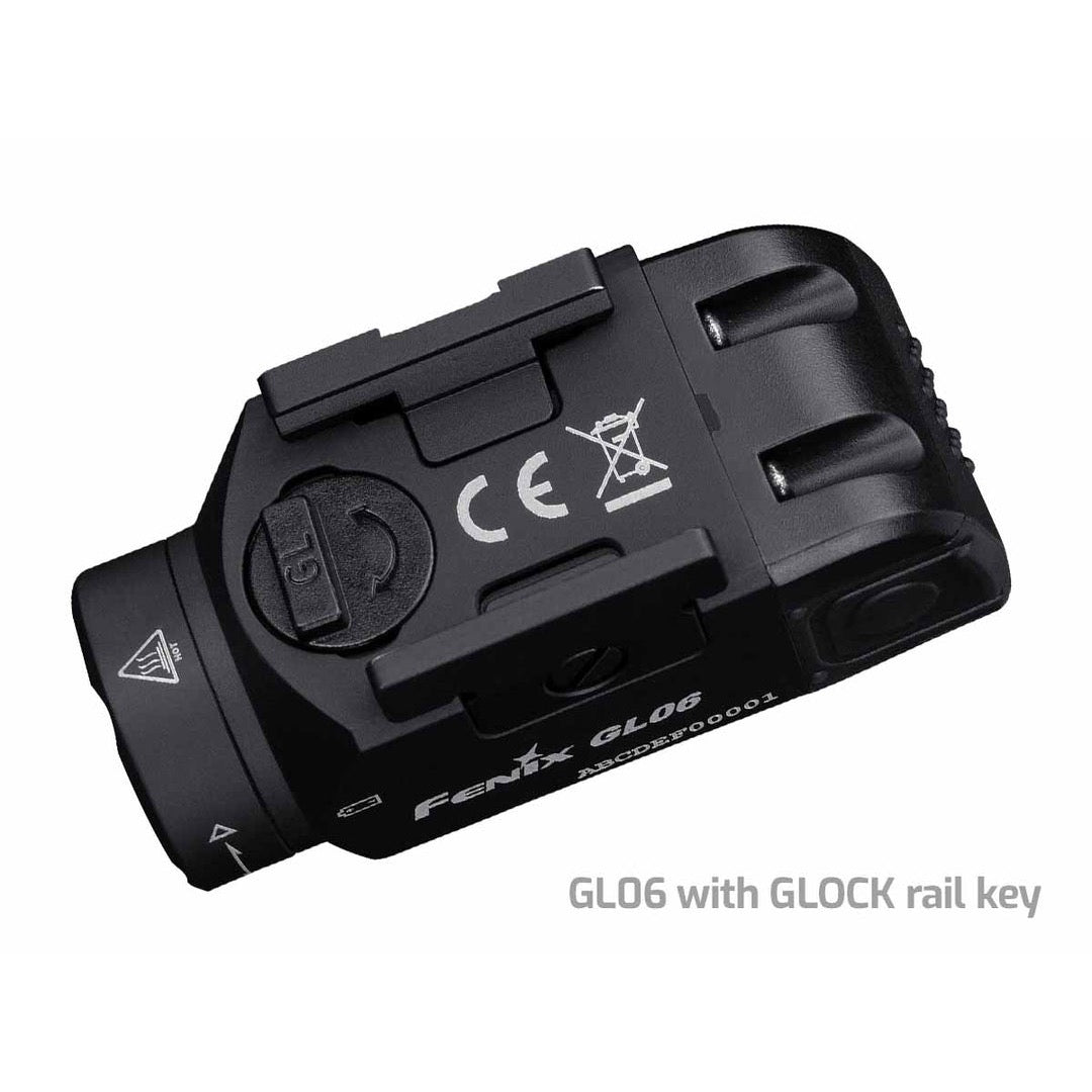 Fenix GL06 pistol light top view with Glock rail key