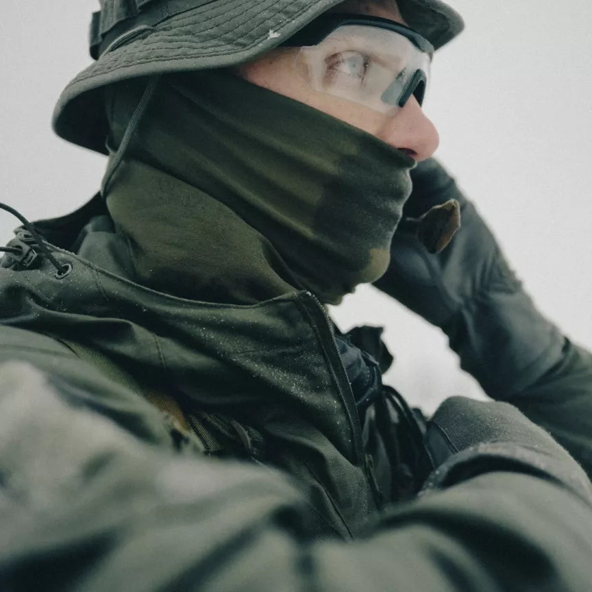Helikon neck wrap worn by soldier
