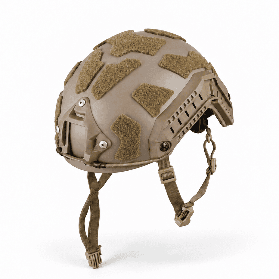 Kolibri Works OpsCore FAST SF K.fluffs in Coyote mounted on tactical helmet, side view