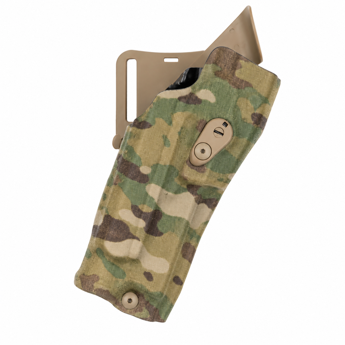Safariland 6390RDSO ALS Multicam kabuur eestvaates, FDE värvi vöökinnitusega