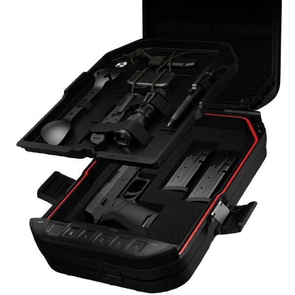 Open Vaultek LifePod 20 Biometric with removable tray, pistol and accessories
