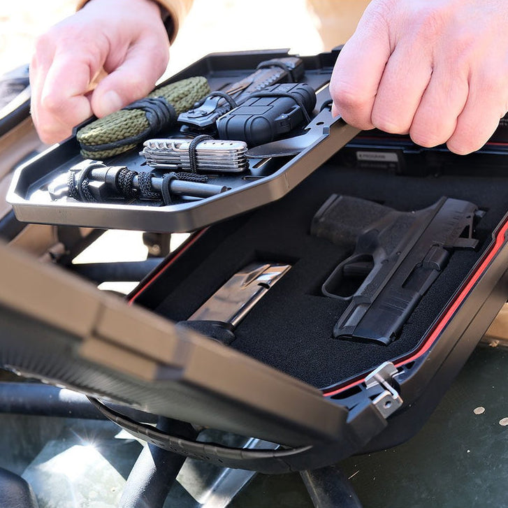 Open Vaultek LifePod 20 with removable tray above padded handgun compartment