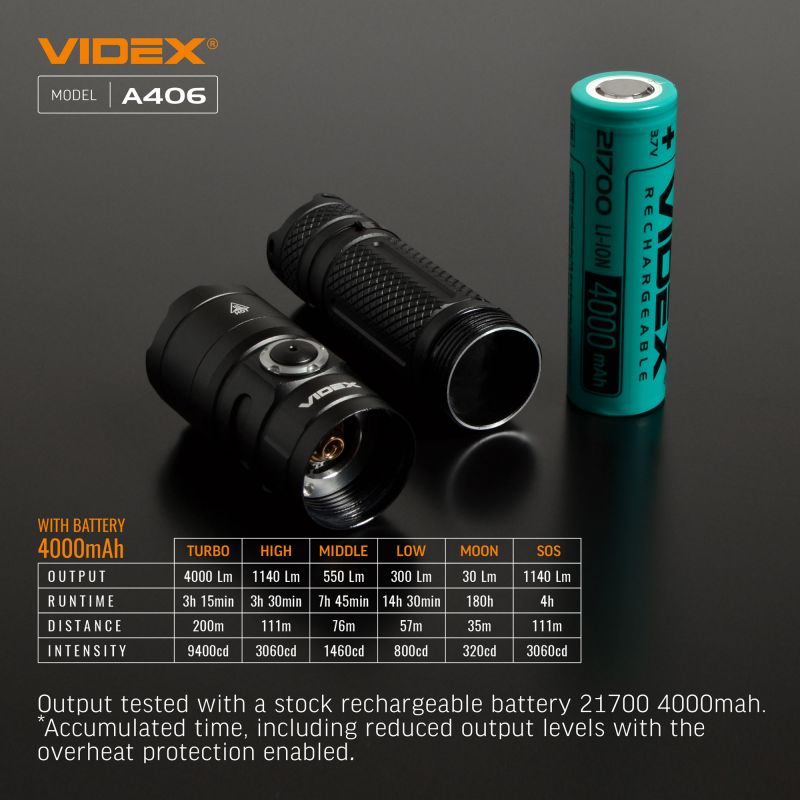 Videx A406 Tactical Flashlight - 4000 lm battery