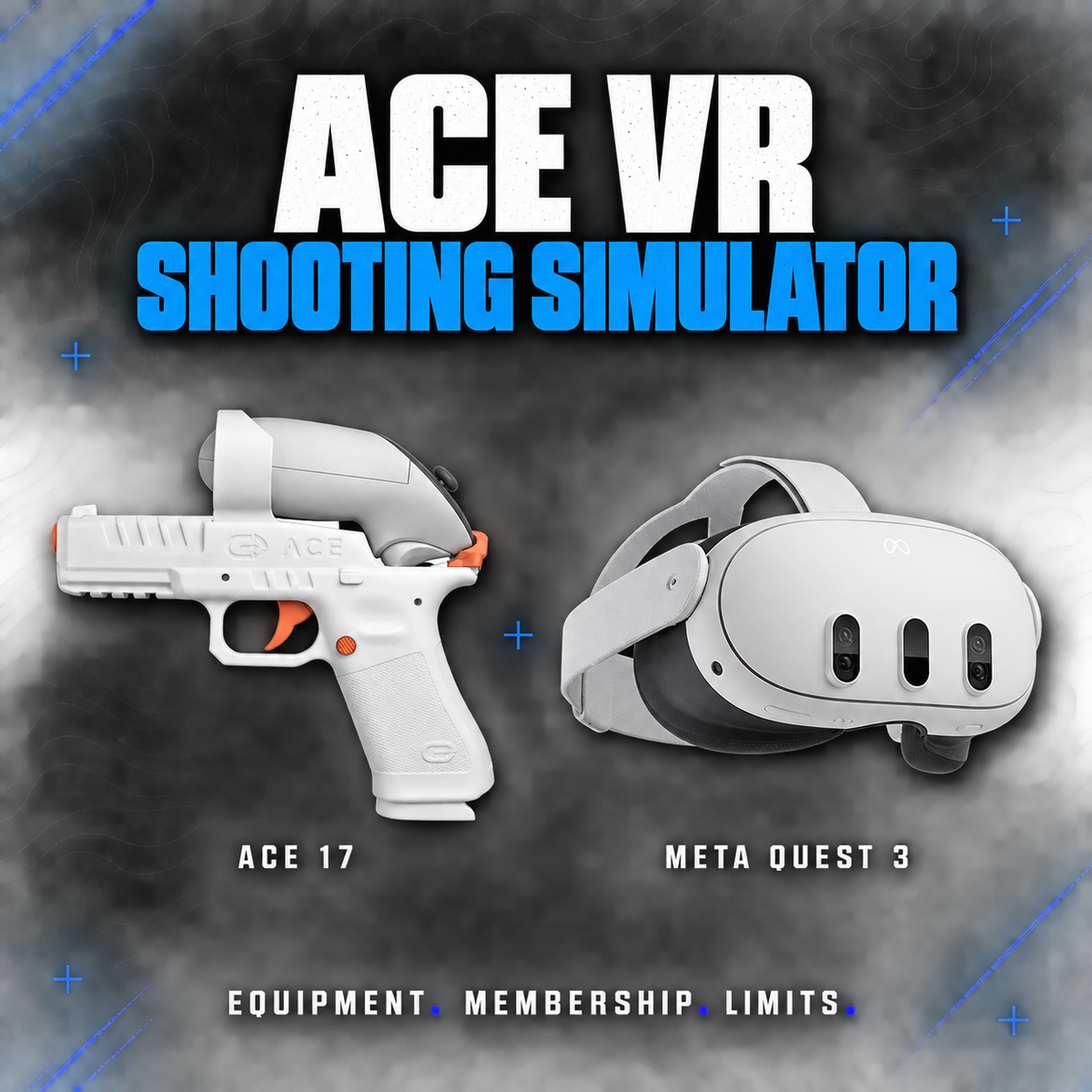 ACE 17 virtual shooting handset with attached controller beside a Meta Quest 3 headset, illustrating the equipment used for ACE VR.