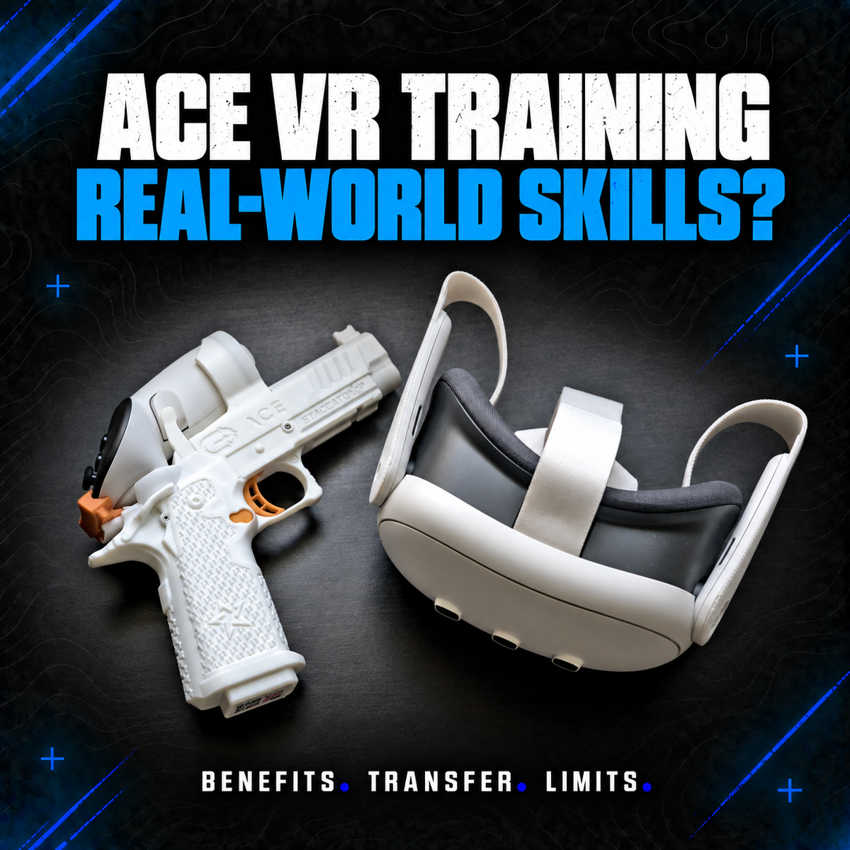 ACE Staccato VR training handset and Meta Quest headset on a dark surface, illustrating the benefits and limits of transferring virtual practice to real shooting.