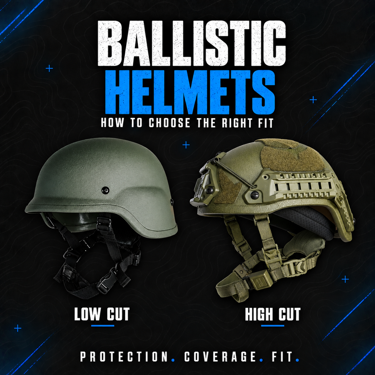 Low Cut ballistic helmet and Sestan-Busch ACH High Cut helmet compared on a dark topographic background.