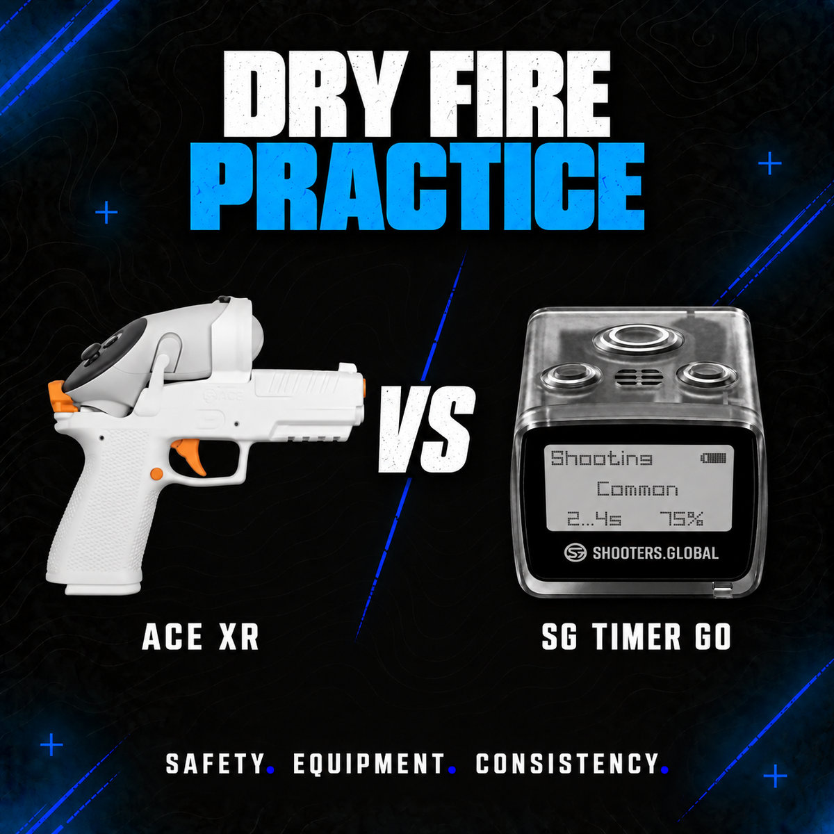 White ACE Arctus VR training handset with attached controller beside a Shooters Global SG Timer GO, illustrating two dry fire training tools.