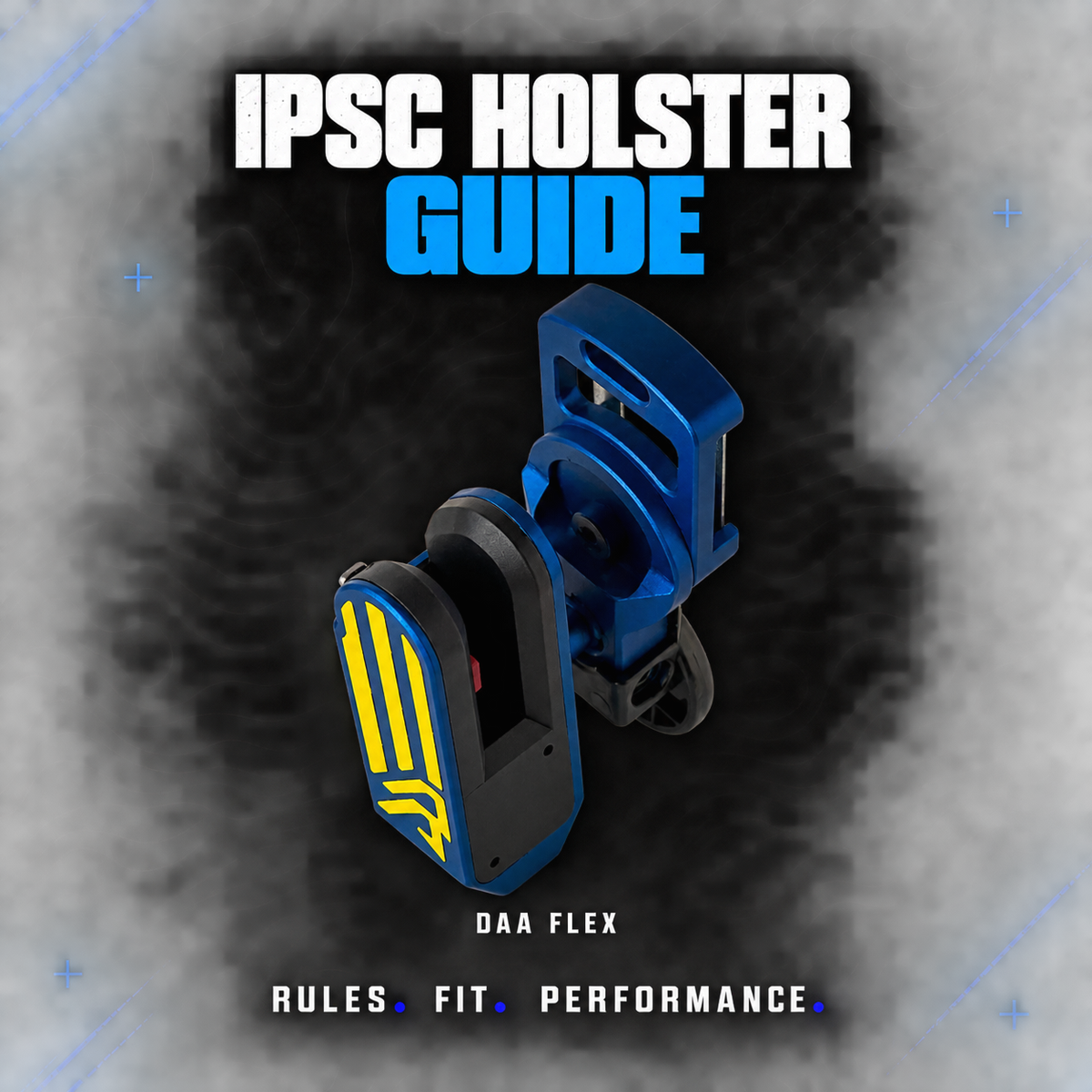 Blue DAA Flex competition holster with yellow inlay and adjustable belt mount, illustrating IPSC holster rules and fit.