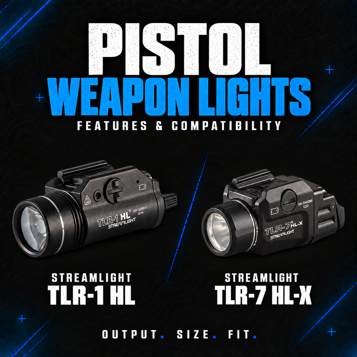 Streamlight TLR-1 HL and TLR-7 HL-X pistol weapon lights side by side, showing their housings, lenses and controls.