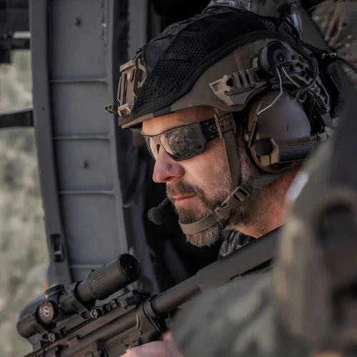 Shooting Glasses on a man wearin military gear 