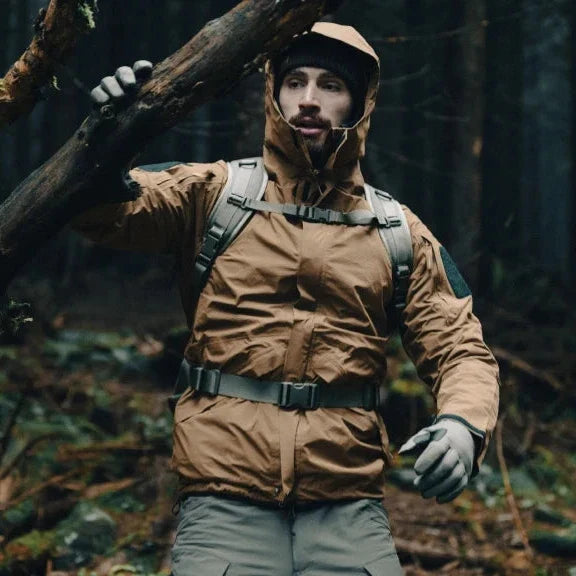 man wearing rain gear jacket