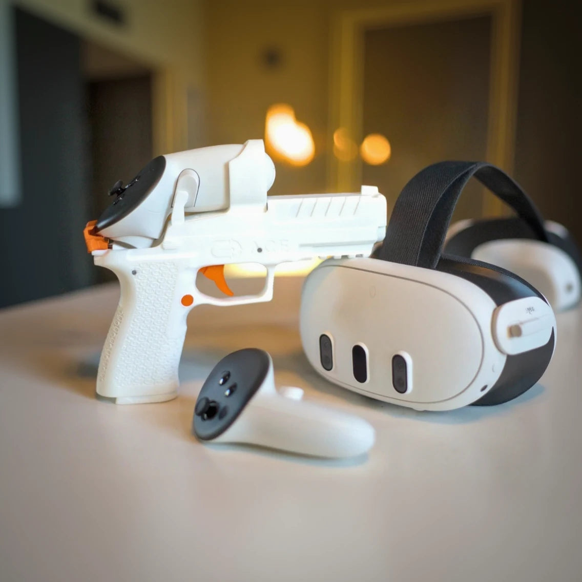 White Meta Quest 3 VR headset and ACE XR controller on a table 