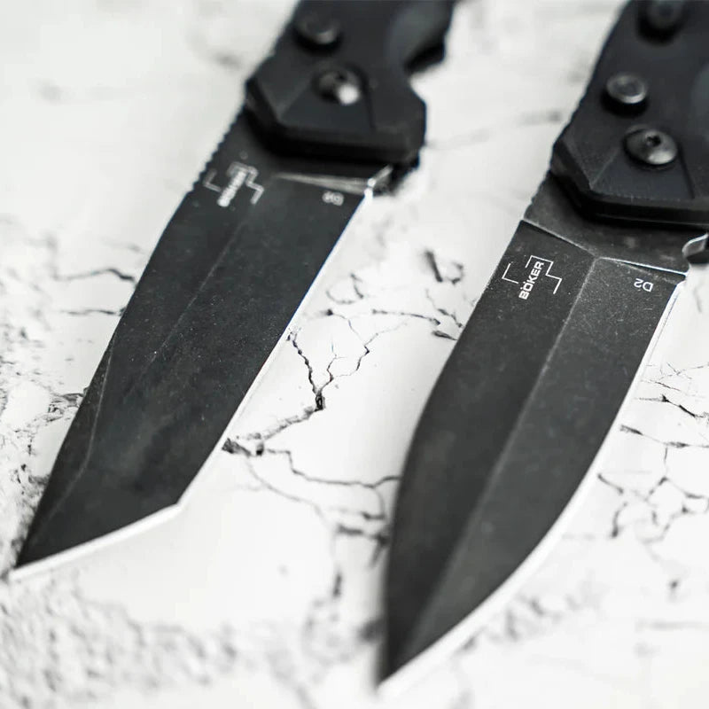 Boeker Intention II Tanto two unfolded knives blade close up