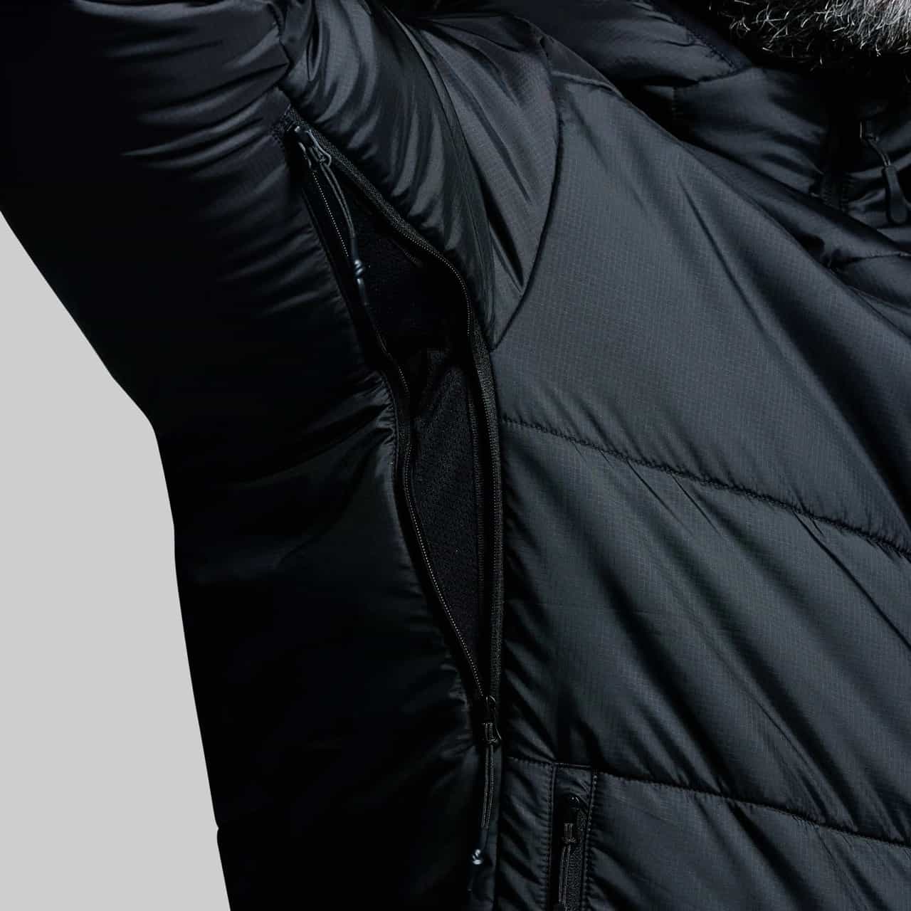 Close-up of a black puffer jacket with a zipper